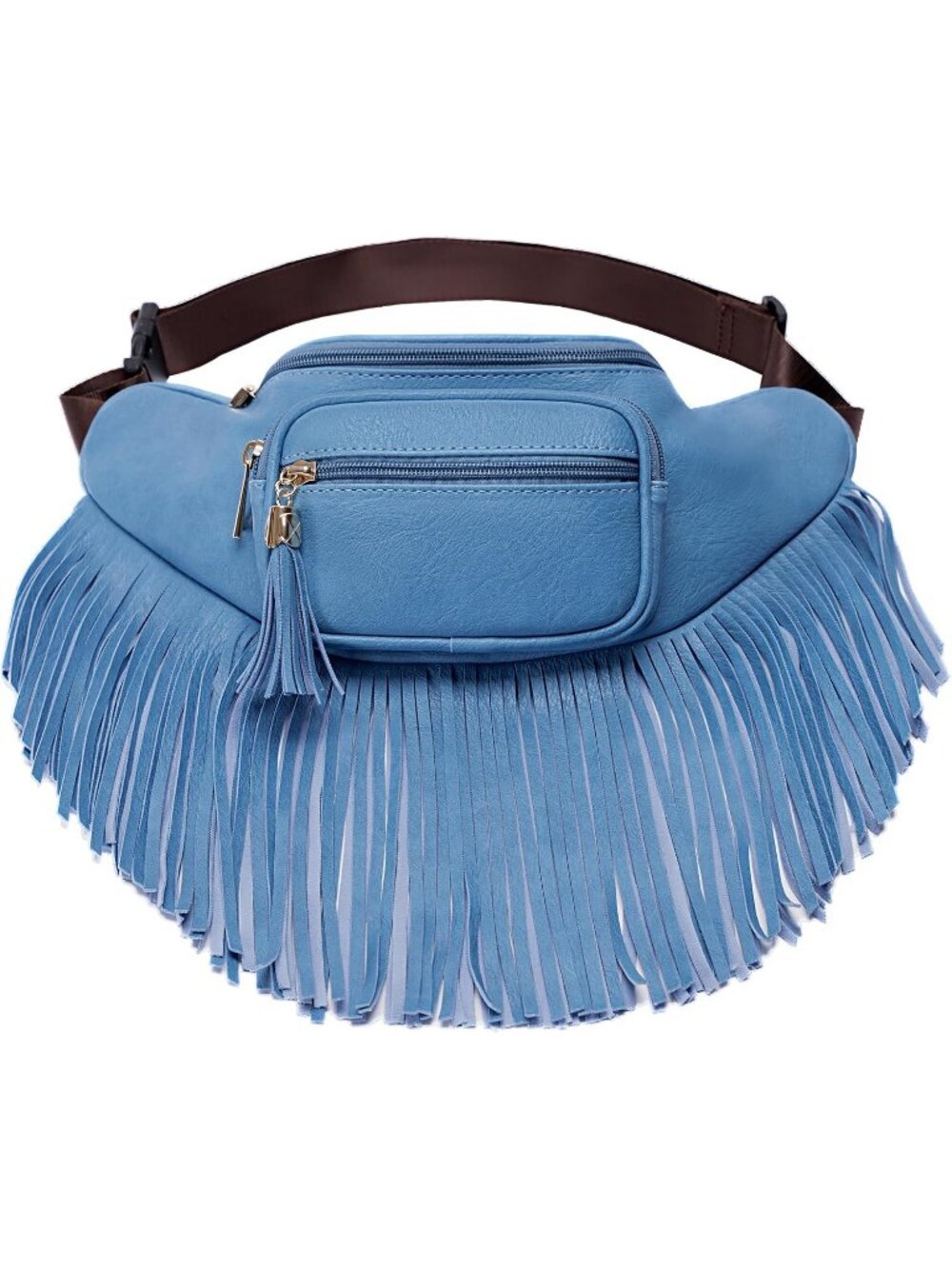 Women's Denim Blue Fringe Waist With Multi Zipper Pockets Fanny Pack Travel Bags